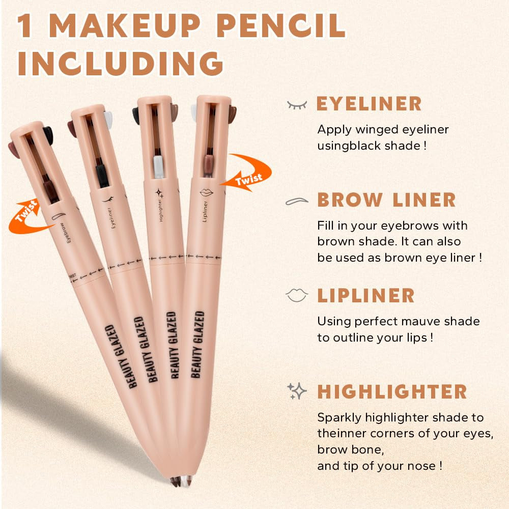 4-In-1 Makeup Pencil - Eyebrow Pencil, Eyeliner, Lip Liner & Highlighter - Multifunctional Makeup Pencil, Portable Beauty Cosmetics Set, Suitable for Travel (03#)